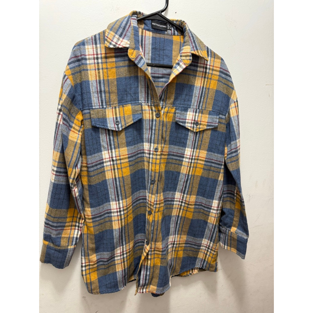 Women's PRETTYLITTLETHING Plaid Button Down Shirt Size 4 Blue Yellow